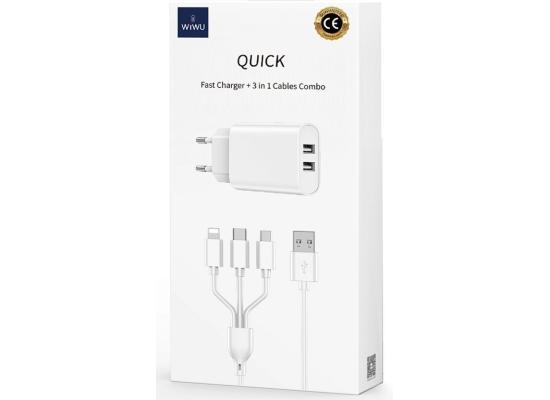 WIWU Wi-U003 Quick Series Dual USB Charger with 3 in 1 USB To Type-C + Lightning + Micro, Charging Data Cable Set- White